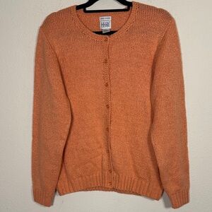 Leon Levin "America's Favorite Cardigan" in apricot with pearlized buttons.